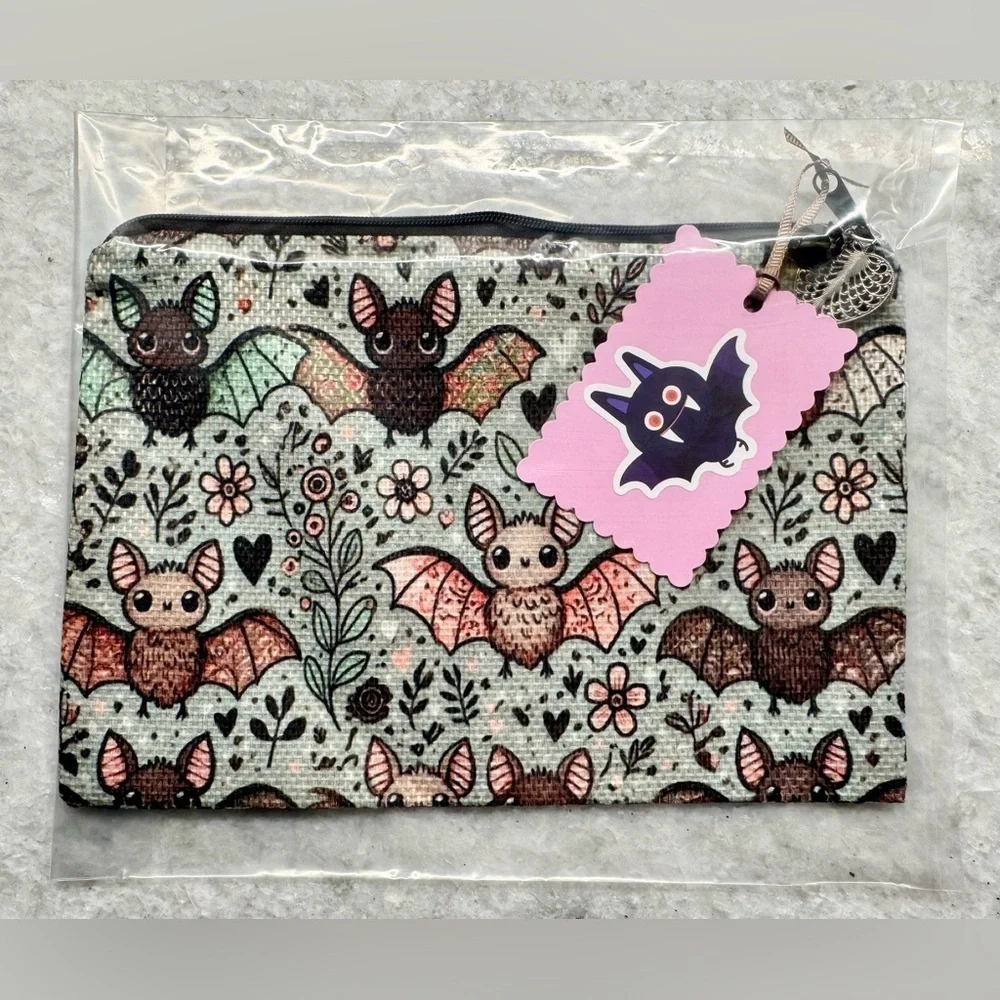 New Halloween Bats Flowers Hearts Makeup Cosmetic Tech Pencil Bag w/ Charm 8.75